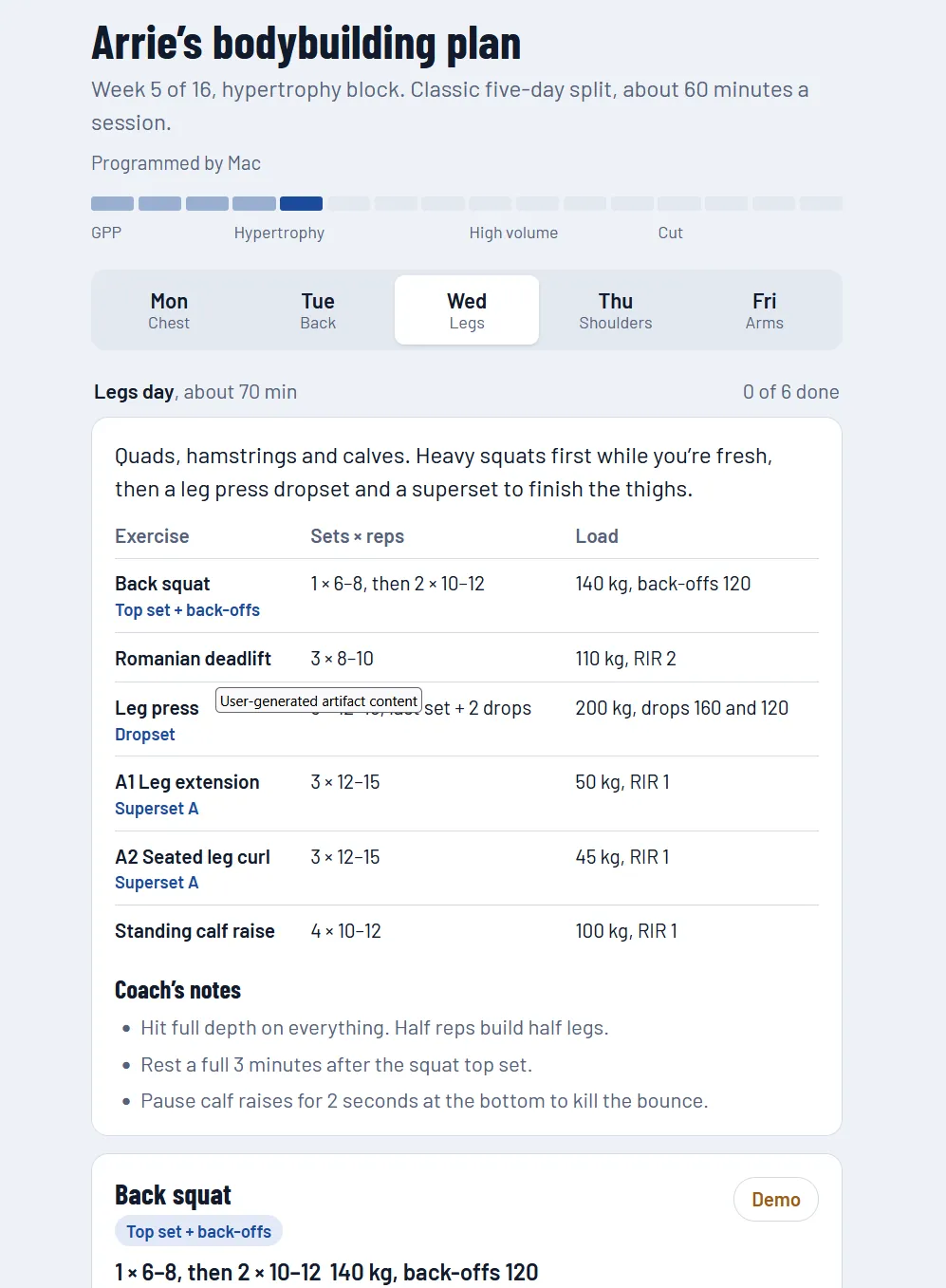 Sample bodybuilding plan: legs day with a session table and coach’s notes