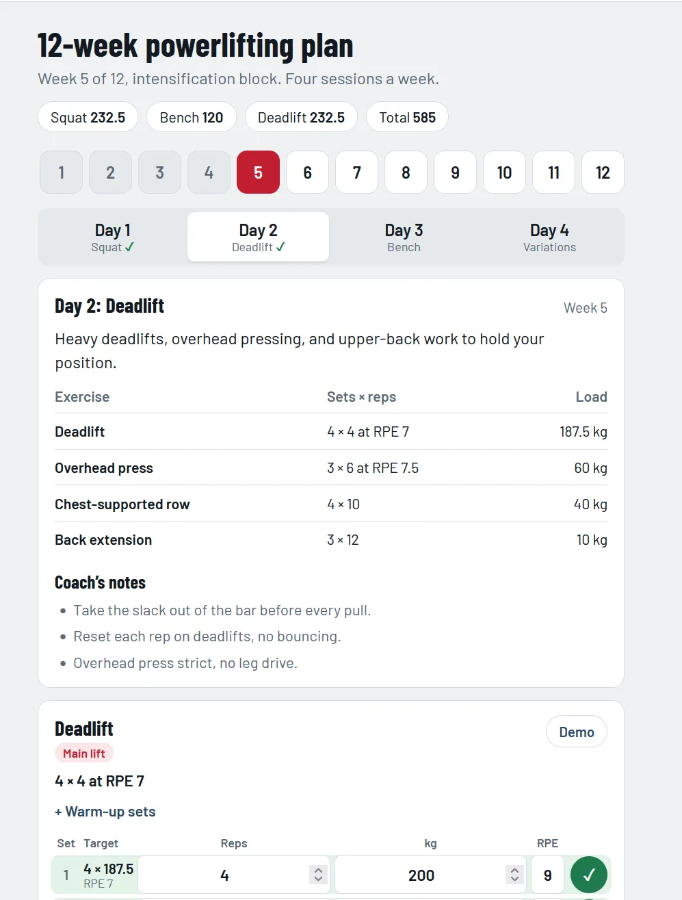 Sample 12-week powerlifting plan: week 5 deadlift day with set logging